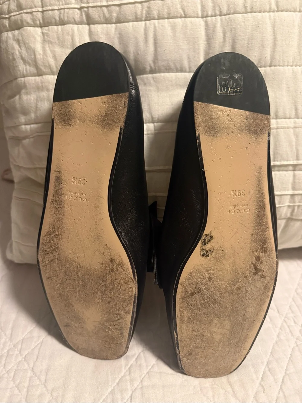 Gucci Black Leather Flats with Pearl & Crystal Bee Accent
